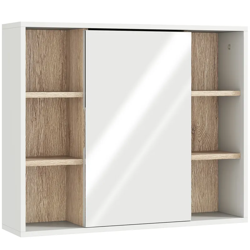 HOMCOM Dulap cu Oglinda din MDF si PAL, Dulap de Baie cu 3 Rafturi Laterale si Raft Interior Reglabil, 60x14.5x49.4 cm, Alb si Lemn Natur | RO