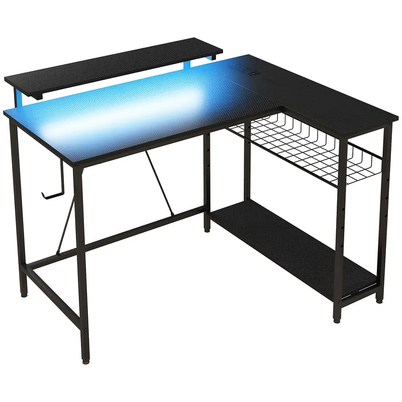 HOMCOM Birou de Gaming în Formă de L cu Lumini LED, Birou de Colț Reversibil cu Rafturi de Depozitare, 107x80x90 cm, Negru | Romania