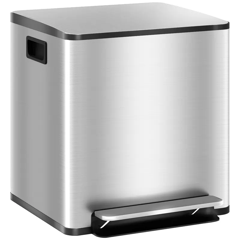 HOMCOM Coș de Gunoi cu 2 Compartimente de 15L cu Pedală, și Capac Silențios din Oțel, 41,8x36,7x44 cm, Argintiu | Romania
