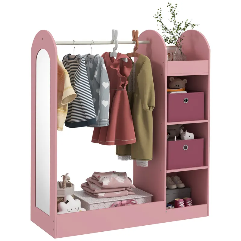 AIYAPLAY Cuier pentru Copii cu Rafturi, Cutii și Oglindă, Mobilier pentru Camera Copilului și Intrare, 92x36x106 cm, Roz | Romania