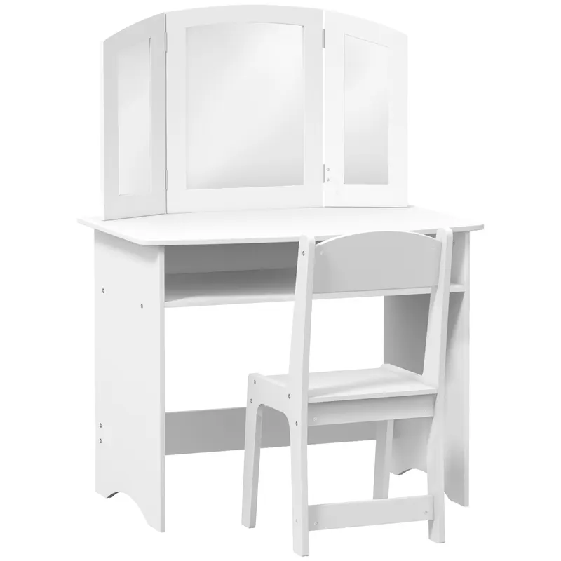 AIYAPLAY Set de Machiaj pentru Fetițe de 3-6 ani cu Oglindă Triplă Detașabilă și Scaun din Lemn, 80x49x108 cm, Alb | Romania
