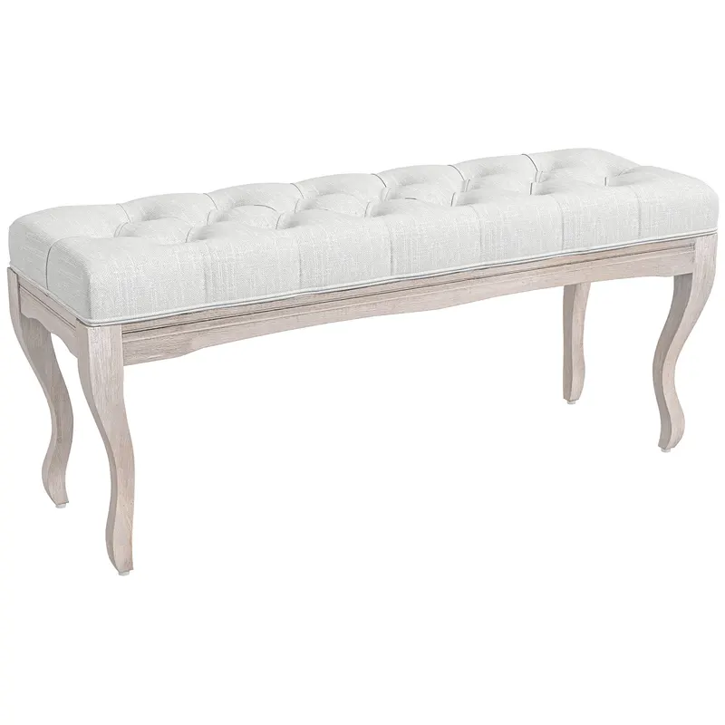 HOMCOM Bancă pentru Capătul Patului cu Înveliș Textil Aspect de In, Bancă Capitonată, 110x37x49 cm, Alb Crem | Romania