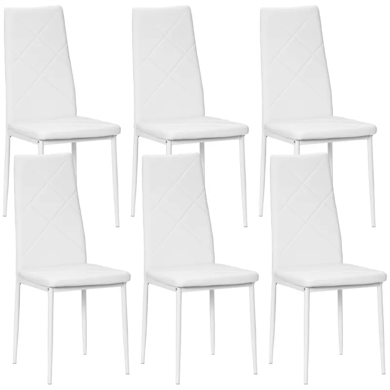 HOMCOM Set 6 Scaune de Sufragerie Tapițate cu Spătar Înalt, Tălpi Antiderapante și Picioare din Oțel, 41x50x97 cm, Alb | Romania