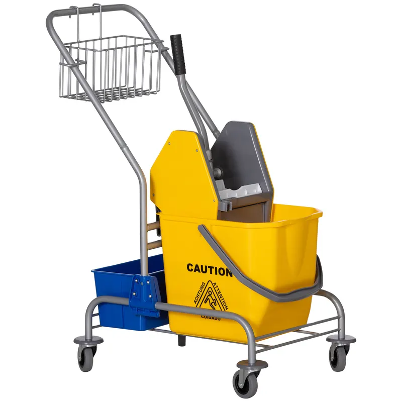 HOMCOM Cărucior Profesional de Curățenie cu Coș Suspendat, Raft, Găleată de 25 L și Cârlig, 72x49,5x95 cm, Galben | Romania