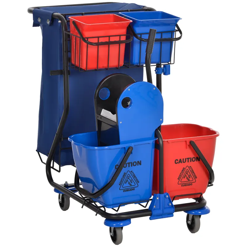 HOMCOM Cărucior pentru Curățenie cu Sac pentru Gunoi, 2 Găleți de 18L, 2 Găleți de 6L și Storcător, 93x80x97 cm, Roșu | Romania