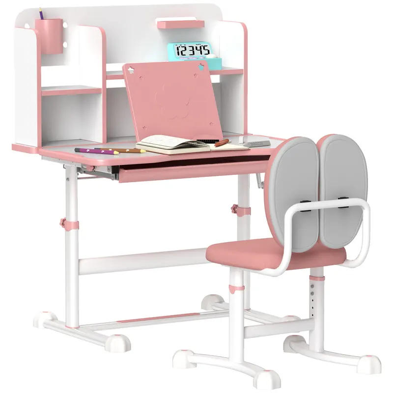 AIYAPLAY Set Birou pentru Copii 3-12 Ani Reglabil pe Înălțime și Blat Înclinabil la 45°, 80x55x107.5 cm, Culoare Roz | Romania