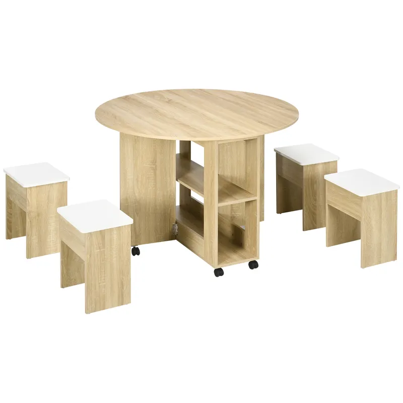 Set dining 4 persoane HOMCOM, masa de bucatarie cu extensie plianta, rotile, 4 scaune, culoare stejar | RO