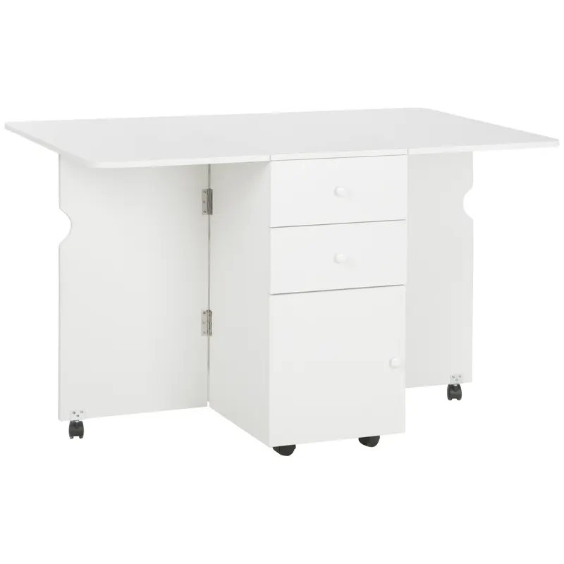 HOMCOM Masa de Bucatarie pliabila cu 2 Sertare si Dulapior cu Usi, Masa Plianta cu 6 Roti din PAL, 120x80x75 cm, Alb