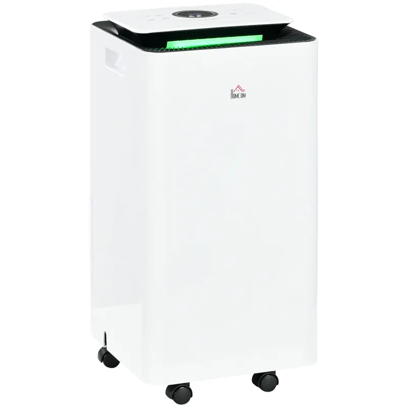 HOMCOM Dezumidificator Portabil de 10L/Zi cu 5 Moduri, 2 Viteze, Timer 24h și Roți, 25x25x50,5 cm, Alb | Romania