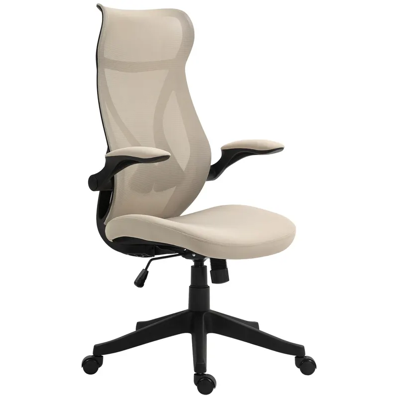 HOMCOM Scaun Ergonomic de Birou cu Brațe Rabatabile, Tetieră, Înălțime Reglabilă și Funcție de Leagăn, 66x66x121 cm, Bej | Romania
