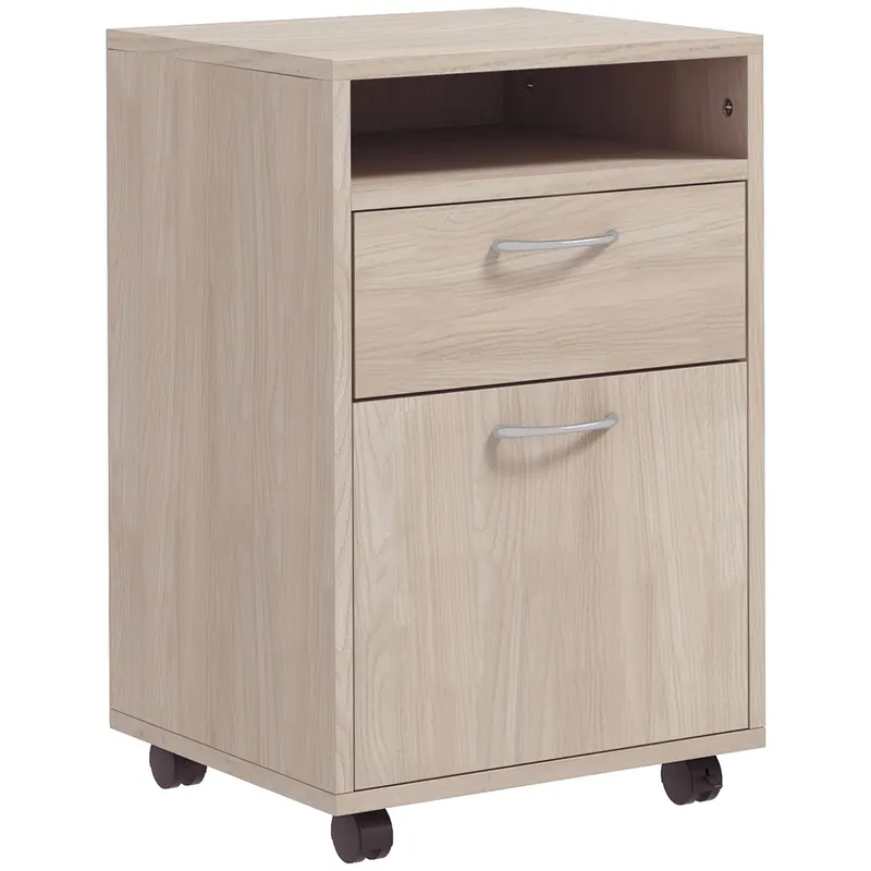 HOMCOM Dulap de Birou cu 4 Roți, Raft Deschis, 2 Sertare, Mobilier de Birou din Lemn și Metal, 40x35x60 cm, Lemn Natural | Romania