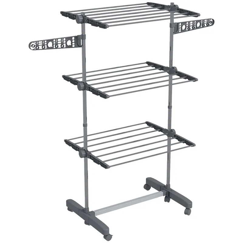 HOMCOM Uscător de Rufe Pliabil Tip Turn cu 6 Roți, Cârlige și 3 Rafturi Reglabile pentru Interior, 142x55x152 cm, Argintiu | Romania