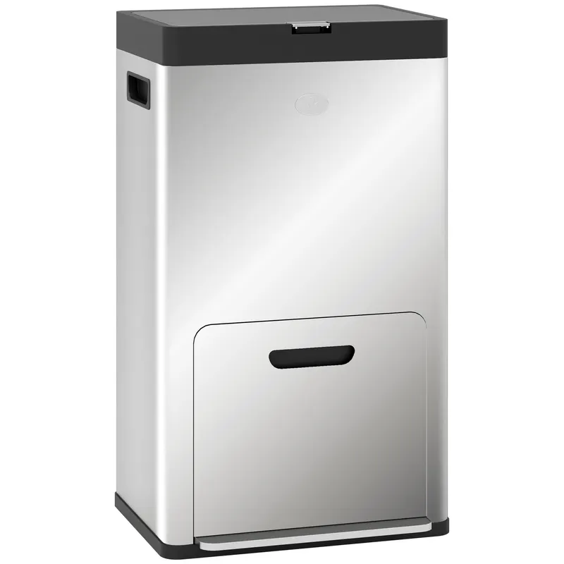HOMCOM Coș de Gunoi cu 3 Compartimente de 56L, Pedală și Închidere Silențioasă, 45,7x35,8x76 cm, Argintiu | Romania
