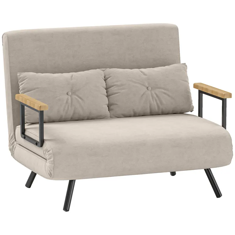 HOMCOM Canapea Pat de 2 Locuri cu Spătar Reglabil pe 5 Nivele și 2 Perne din Material Capitonat, 102x73x81 cm, Crem Alb | Romania