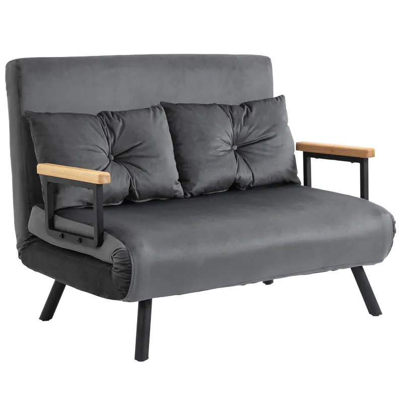 HOMCOM Canapea Pat de 2 Locuri cu Spătar Reglabil pe 5 Nivele și 2 Perne din Material Capitonat, 102x73x81 cm, Gri Închis | Romania