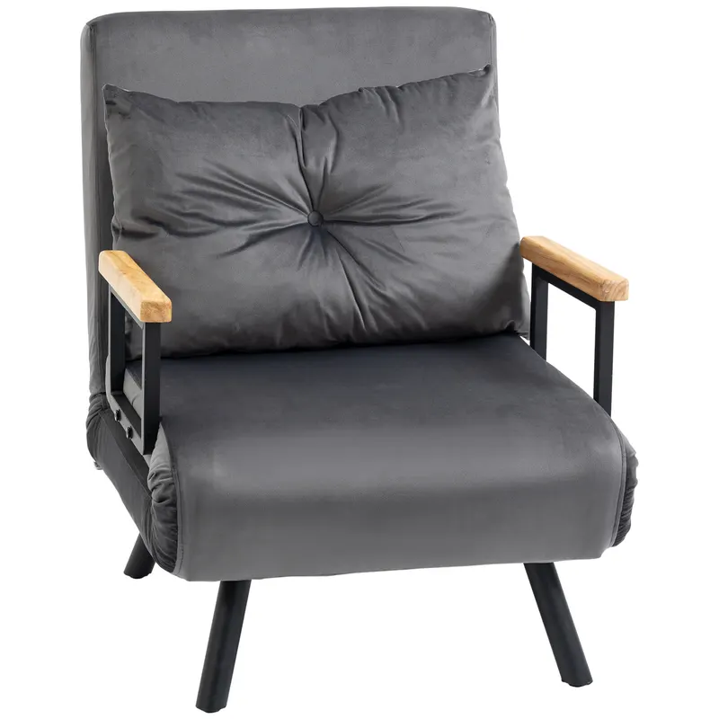 HOMCOM Canapea Extensibilă cu Spătar Reglabil pe 5 Nivele, Canapea Pat Individuală Pliabilă cu Perne, 63x73x81 cm, Gri | Romania