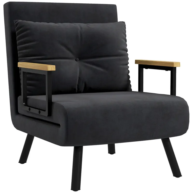 HOMCOM Canapea Extensibilă cu Spătar Reglabil pe 5 Nivele, Canapea Pat Individuală Pliabilă cu Perne, 63x73x81 cm, Negru | Romania