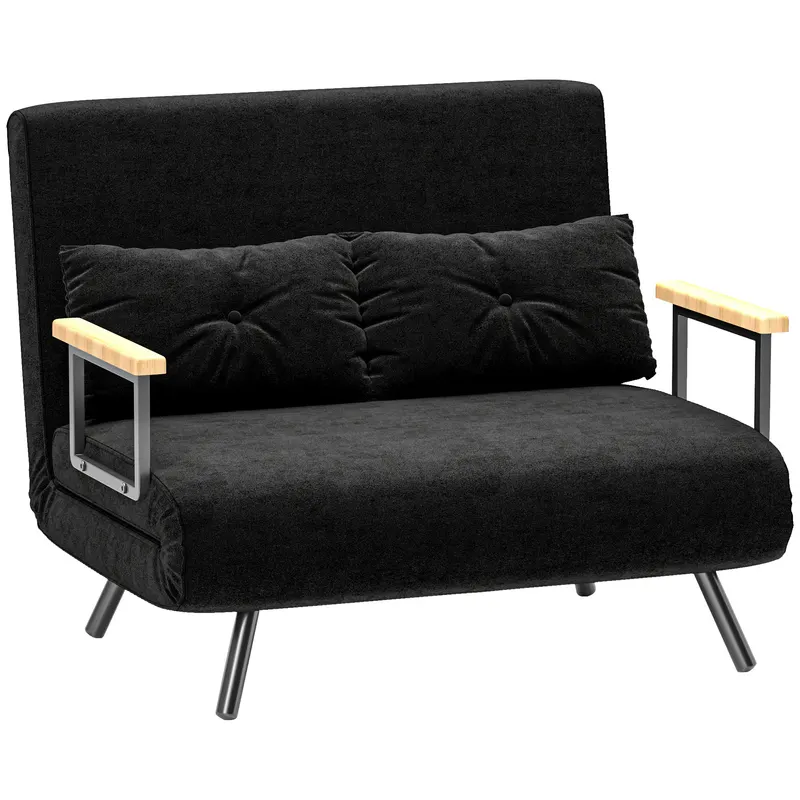 HOMCOM Canapea Pat de 2 Locuri cu Spătar Reglabil pe 5 Nivele și 2 Perne din Material Capitonat, 102x73x81 cm, Negru | Romania