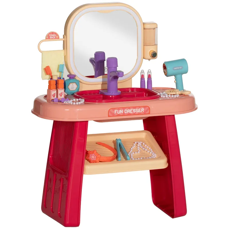 AIYAPLAY Masă de Toaletă pentru Fetițe 3-6 Ani cu Oglindă din Acrilic și Robinet, Jucărie pentru Copii din Plastic, 55x29x71 cm, Roz | Romania
