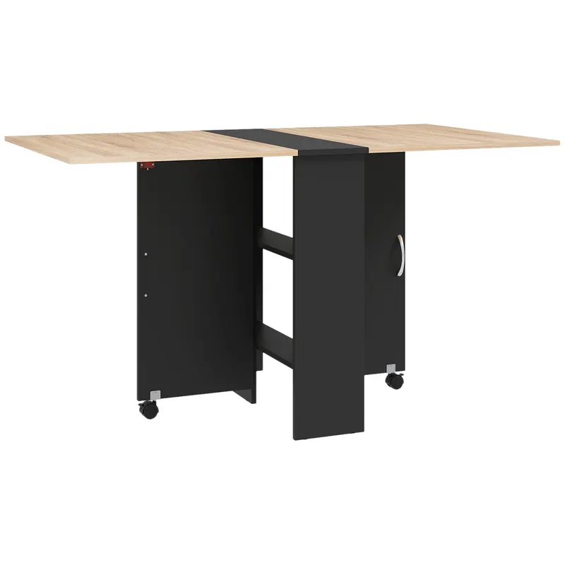 HOMCOM Masă Pliabilă pentru 4-6 Persoane, cu 2 Roți, Masă Rabatabilă cu 2 Rafturi pentru Depozitare, 140x75x74 cm, Negru | Romania
