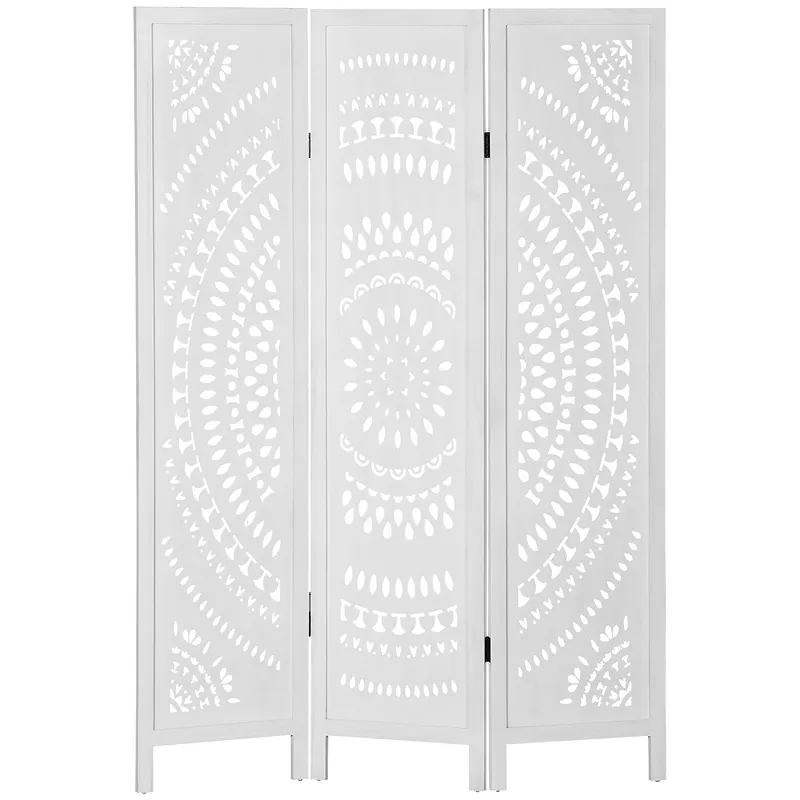 HOMCOM Paravan Interior cu 3 Panouri, Separator Pliabil de Interior, din Lemn Cioplit, 120x170 cm, Alb | Romania