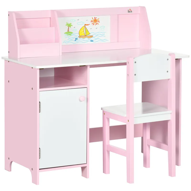 HOMCOM Set Masă și Scaune pentru Copii 5-8 Ani cu Spațiu de Depozitare, Tablă și Scaun, 90x45x85 cm, Roz | Romania