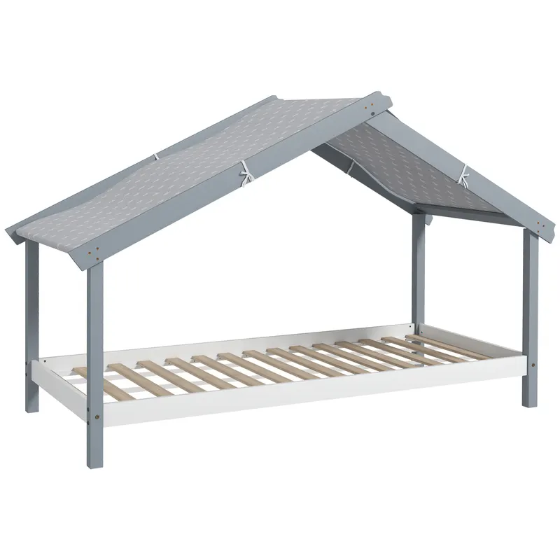 HOMCOM Pat Montessori pentru Copii în Formă de Căsuță cu Acoperiș Înstelat, Pat cu 15 Șipci, 213x100x140 cm, Gri | Romania