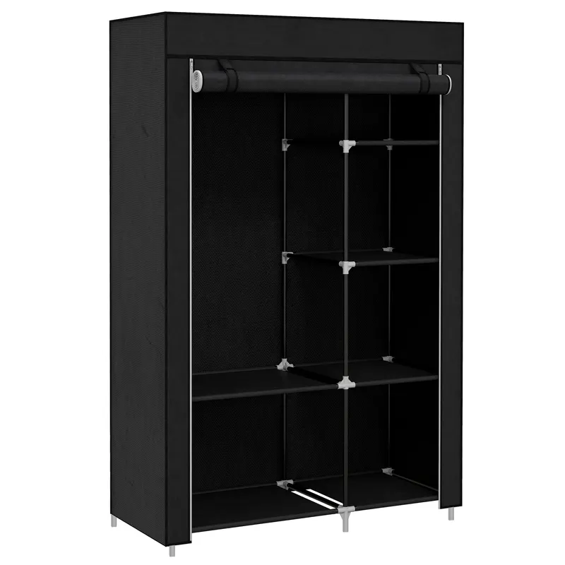 HOMCOM Dulap Portabil din Material, Dulap cu 6 Rafturi Deschise, 1 Bară și Ușă cu Fermoar, 103x43x162,5 cm, Negru | Romania