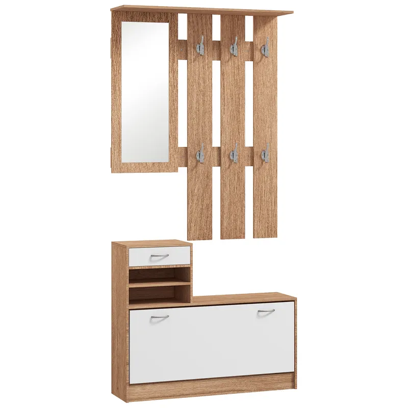 HOMCOM Set Mobilier Modern cu Etajeră pentru Pantofi, Oglindă cu 6 Cârlige, 2 Rafturi și Sertare, 90x24x177 cm, Lemn Natural | Romania