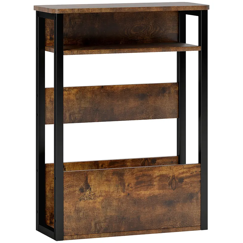 HOMCOM Măsuță de Living în Stil Industrial cu 2 Rafturi, Măsuță Laterală din Lemn și Metal, 46x18x58,5 cm, Maro Rustic | Romania