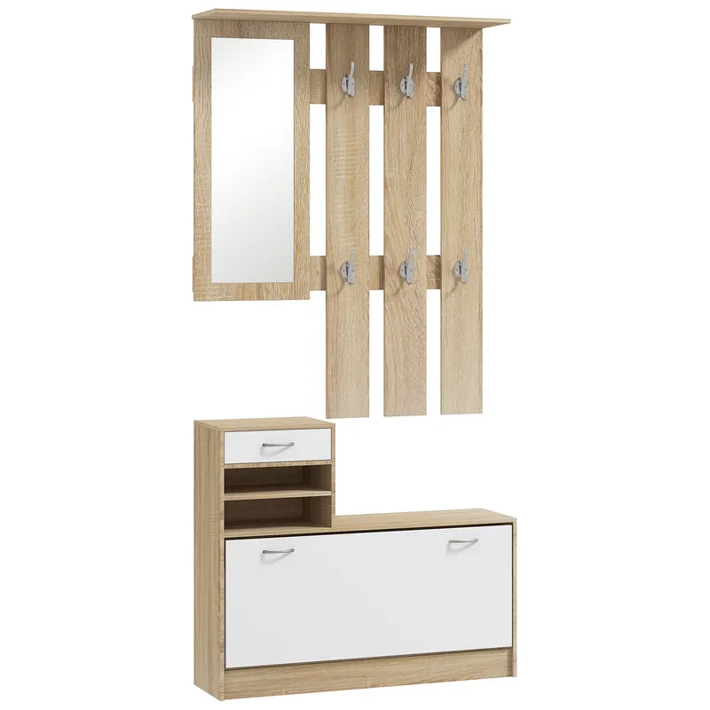 HOMCOM Set de Mobilier pentru Hol cu Raft pentru Pantofi, Oglindă și 2 rafturi Reglabile, 90x24x177 cm, Lemn Natural | Romania