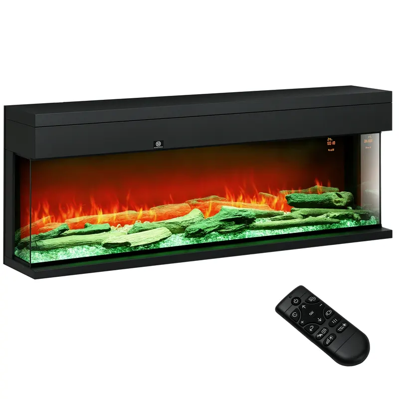 HOMCOM Șemineu Electric Încorporabil cu Efect de Flăcări 3D, Oprire Automată și Termostat, 127x26x50 cm, Negru | Romania