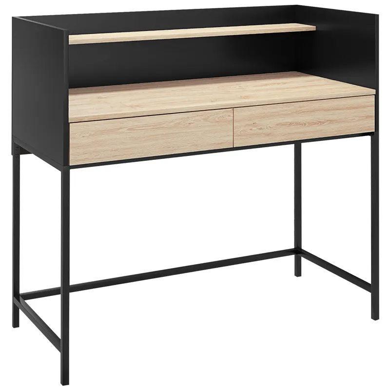 HOMCOM Birou cu 2 Sertare, Raft Superior și Mânere Ascunse, Birou Modern din Lemn și Oțel, 106x51,5x102,5 cm, Negru | Romania