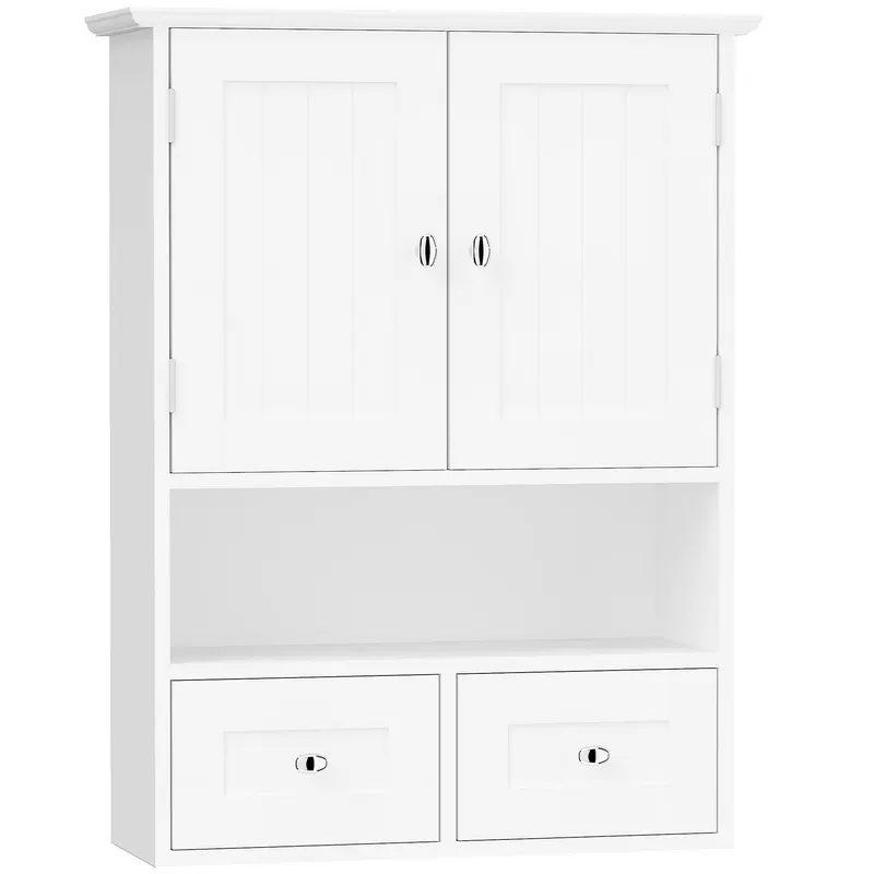 Kleankin Dulap de Perete pentru Baie cu 2 Uși, un Raft Deschis și 2 Sertare, Mobilier Multifuncțional, 50,8x17,8x66 cm, Alb | Romania