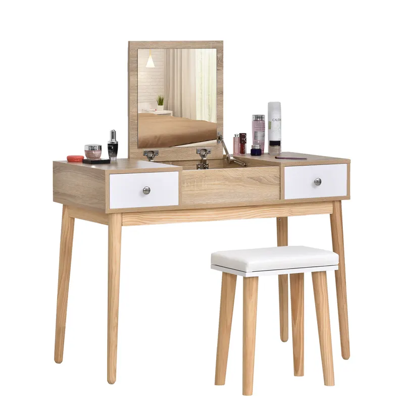 Masa de toaleta cu oglinda glisanta scaun tapitat 2 sertare 5 compartimente de depozitare pentru casa 100x45x118cm Lemn HOMCOM | RO