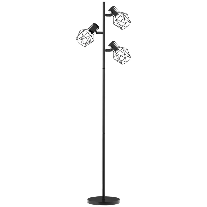 HOMCOM Lampă de Podea cu 3 Lumini Reglabile și Întrerupător cu Buton, Lampă Modernă din Metal, 41x28x169 cm, Negru | Romania