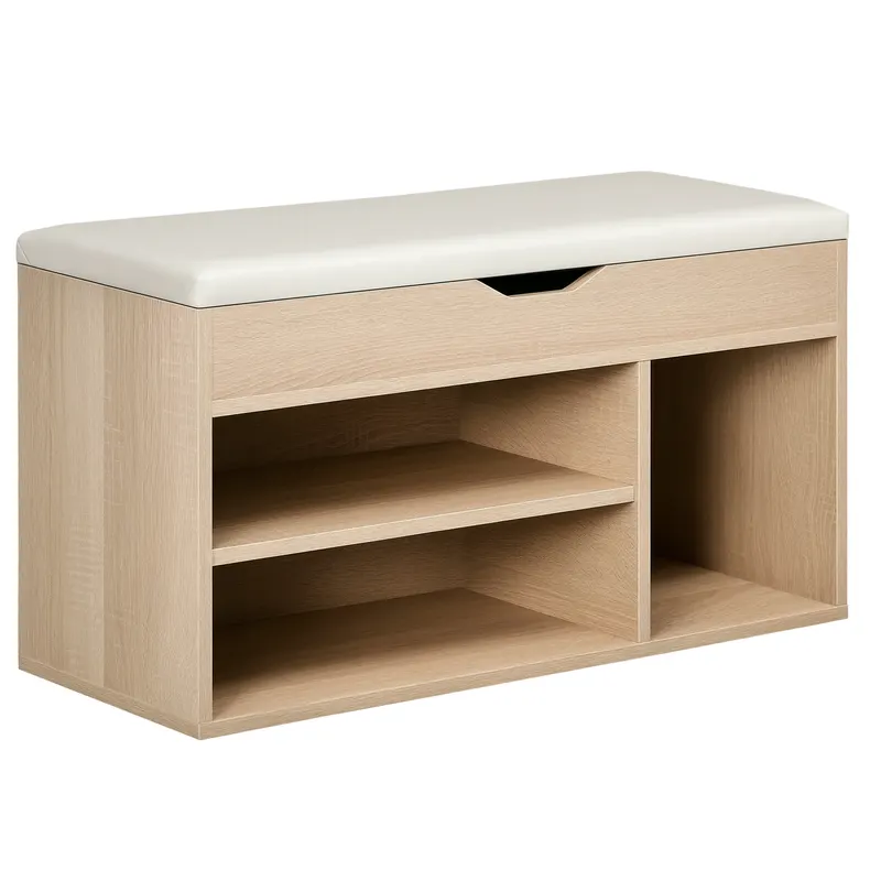 HOMCOM Bancă pentru Pantofi cu 3 Compartimente, Spațiu Ascuns și Șezut din Piele PU, 80x30x43 cm, Lemn Natural | Romania