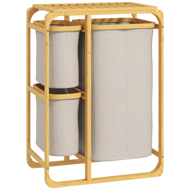 HOMCOM Coș pentru Rufe cu 3 Saci și Rafturi Detașabile din Material Textil din Bambus, 50x32x69,7 cm, Alb Crem | Romania