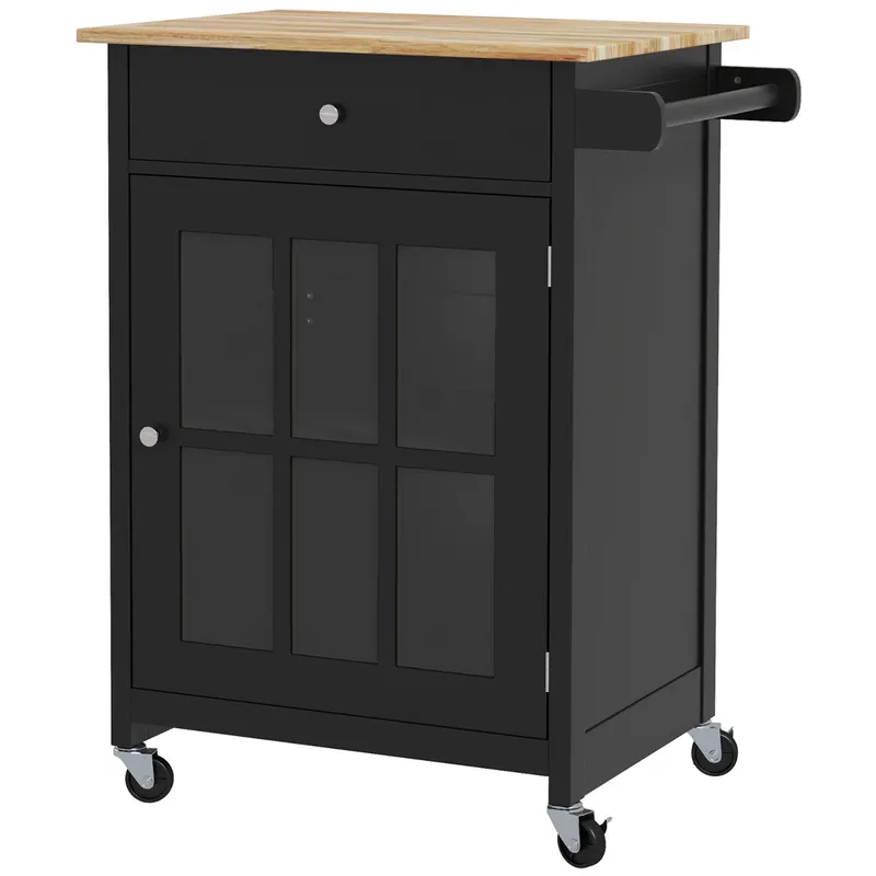 HOMCOM Cărucior de Bucătărie cu Sertar, Raft Reglabil, 4 Roți și Suport Lateral pentru Prosop, 67x48x86,5 cm, Negru | Romania