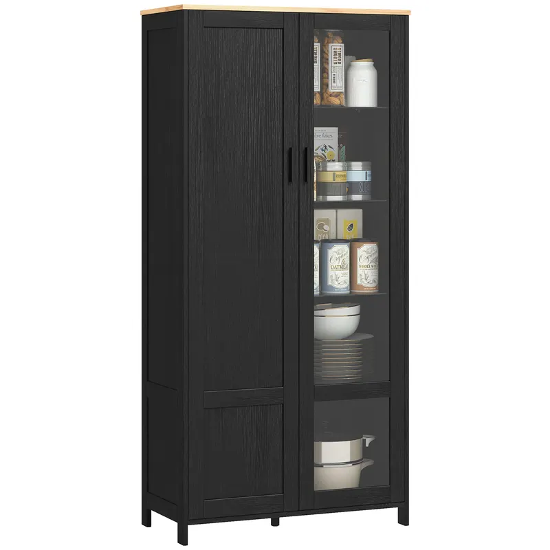 HOMCOM Dulap de Bucătărie cu 9 Rafturi Reglabile, cu Uși de Sticlă și Bază Înălțată din Lemn, 76x36x160 cm, Negru | Romania