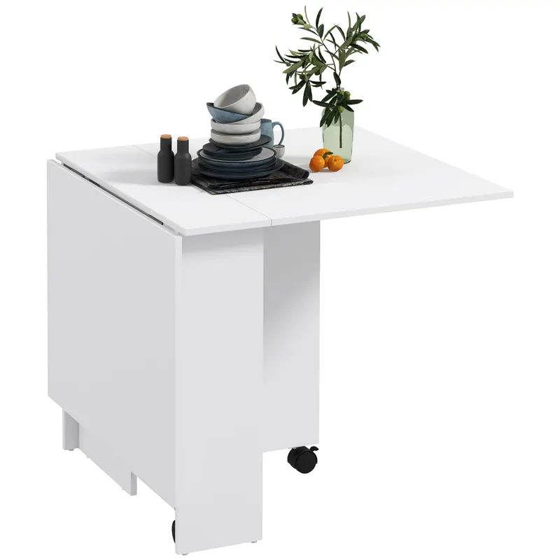 HOMCOM Masă Pliabilă și Extensibilă pentru 4-6 Persoane cu 2 Rafturi și 2 Roți, din Lemn și Metal, 140x80x74 cm, Alb | Romania