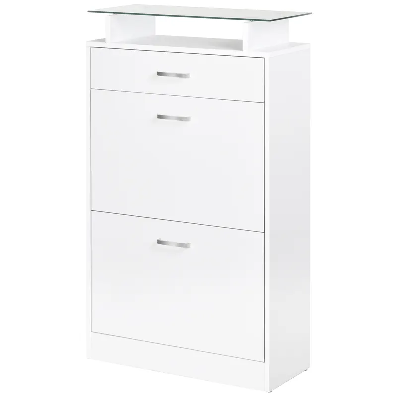HOMCOM Dulap pentru Pantofi cu 2 Uși pe 2 Niveluri, Sertar și Raft din Sticlă, Dulap pentru Pantofi, 60x24x105,5 cm, Alb | Romania