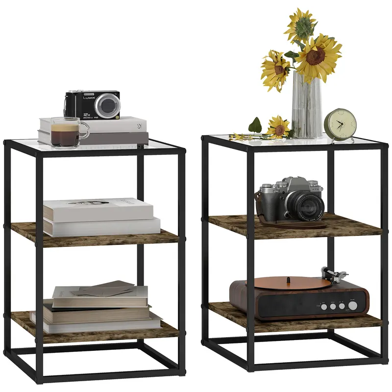 HOMCOM Set 2 Măsuțe cu 3 Niveluri și Bază Înălțată, Măsuțe din Lemn, Metal și Blat din Sticlă Călită, 37x40x55,5 cm, Maro | Romania