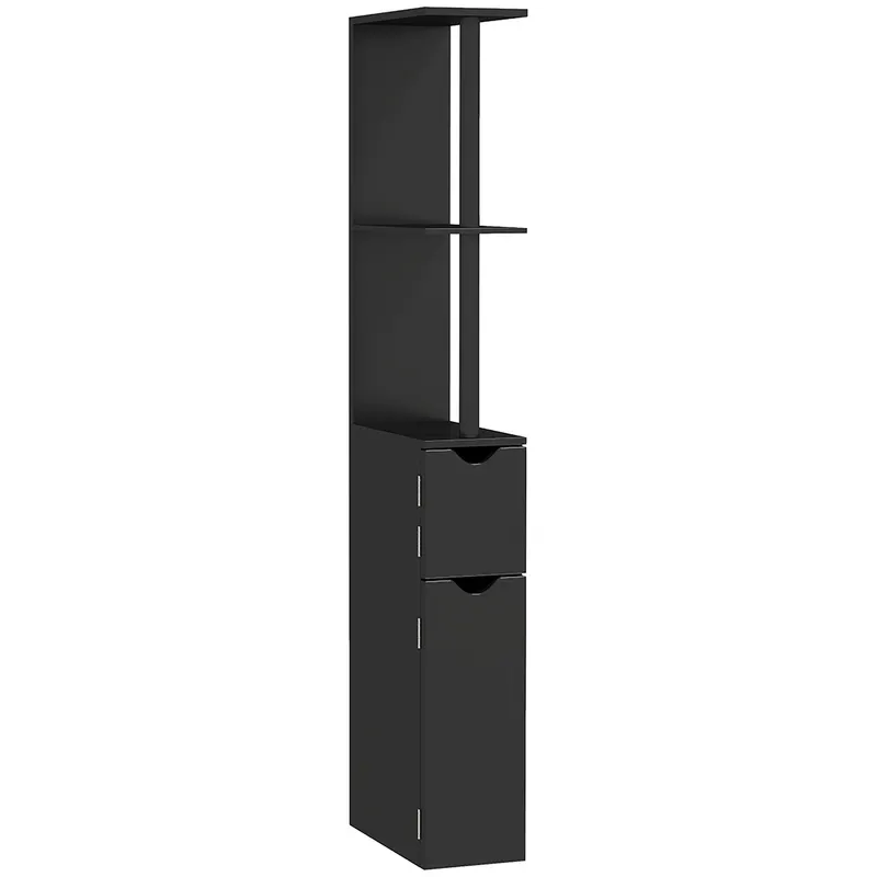 Kleankin Coloană de Baie cu 2 Rafturi și 2 Dulapuri, Mobilier Înalt de Baie Spațios din MDF, 15,2x29,8x118 cm, Negru | Romania