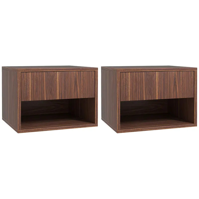 HOMCOM Set 2 Noptiere Suspendate cu Sertar și Raft Inferior Deschis, Noptiere pentru Dormitor din MDF, 40x34x29 cm, Maro | Romania