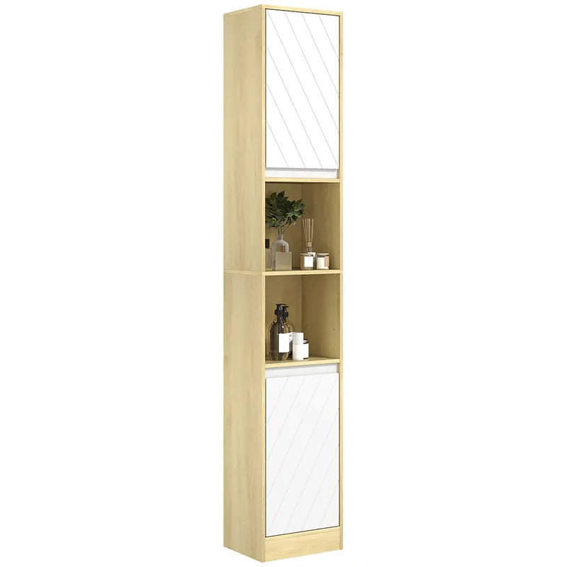 HOMCOM Dulap Baie Înalt Spațios, Mobilier de Baie cu 2 Dulapuri și Rafturi Reglabile, 30x24x170 cm, Lemn Natural | Romania