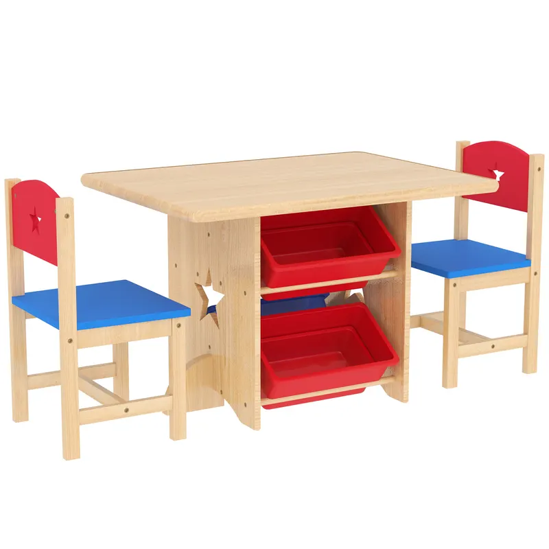 AIYAPLAY Set Masă și Scaune pentru Copii 3-7 Ani, cu 2 Scaune și 4 Compartimente de Depozitare, 77x57x50 cm, Lemn Natural | Romania