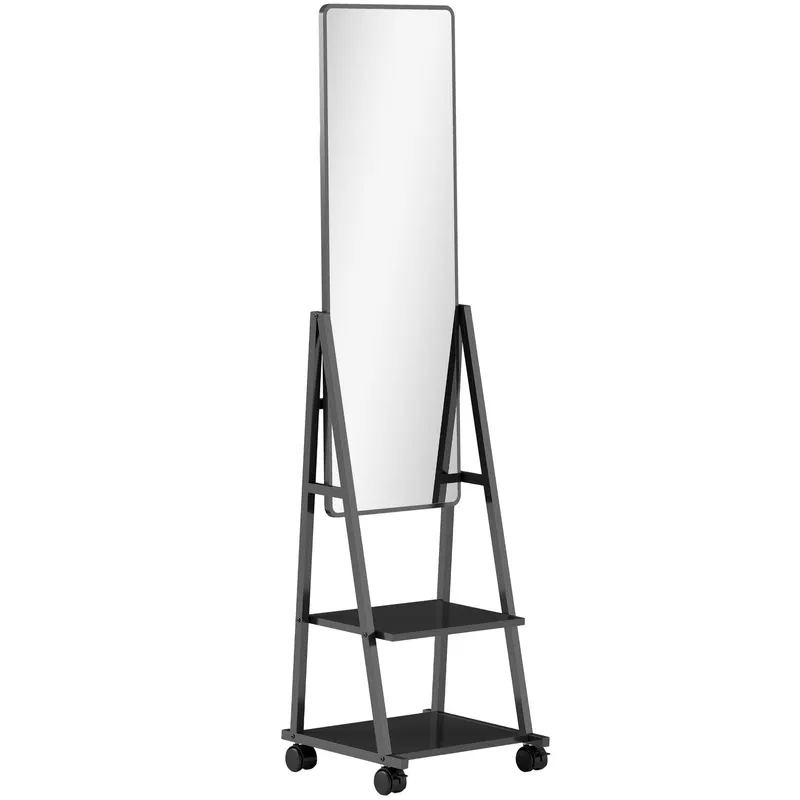 HOMCOM Oglindă Verticală cu 2 Rafturi și 4 Rotile, Oglindă de Podea din Oțel și PAL, 42x37x155 cm, Negru | Romania