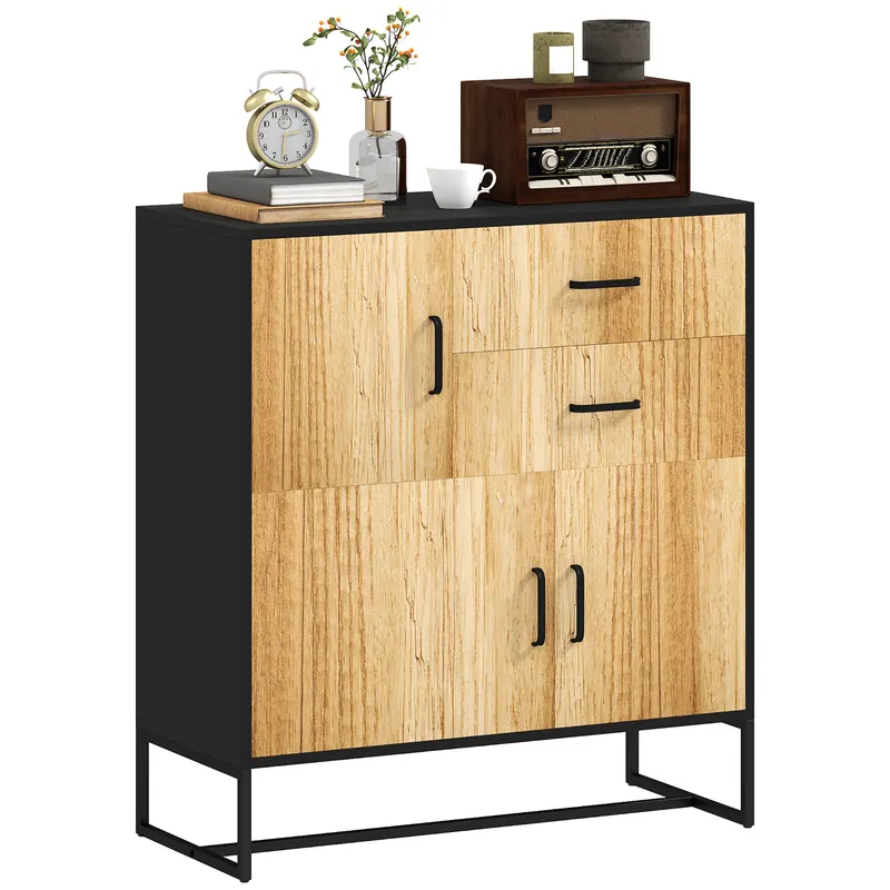 HOMCOM Bufet Modern de Depozitare cu 3 Dulapuri și 2 Sertare din Pal Melaminat și Oțel, 80x35x88 cm, Lemn Natural | Romania