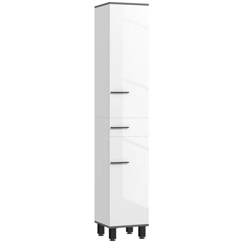 HOMCOM Coloană de Baie Modernă cu Sertar, 2 Dulapuri, 2 Uși și Rafturi Reglabile, Mobilier de Baie, 34x34x190 cm, Alb | Romania